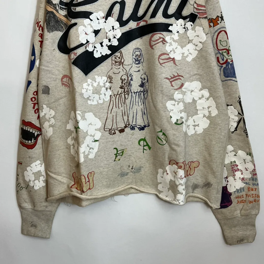 DENIM TEARS × ©SAINT M×××××× "SAINT TEARS" Graffiti Hoodie Joint Model Cotton Graffiti Hoodie Fully Printed Washed Distressed Holes Vintage Sweatshirt Gray S-XL Super Heavy Duty! The whole piece is printed with 35 screens and counterpoint printing!